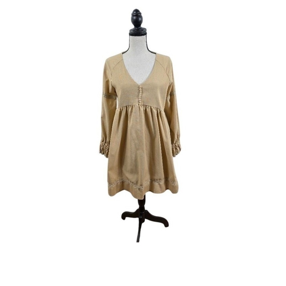 Boho‎ Western Mini Dress Women M Tan Peasant Lace Trim V-Neck Empire Waist